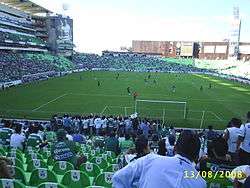 Football pitch during a game, seen from one endEstadio Corona