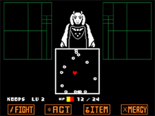 Fighting Toriel in Undertale. Toriel attacks a red heart, representing the player, with fire magic.