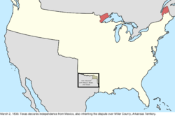 Map of the change to the international disputes involving the United States in central North America on March 2, 1836