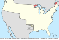 Map of the change to the international disputes involving the United States in central North America on December 28, 1836