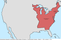 Map of the international disputes involving the United States in central North America from March 1, 1781, to April 4, 1784