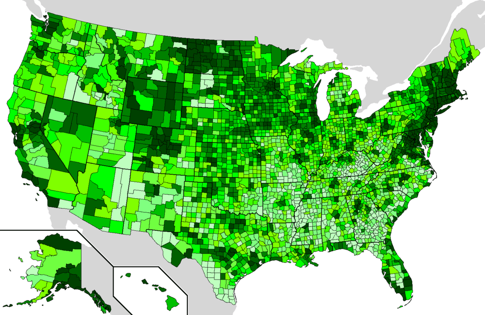 Counties in the United States by per capita income. Areas with higher levels of income are shaded darker.