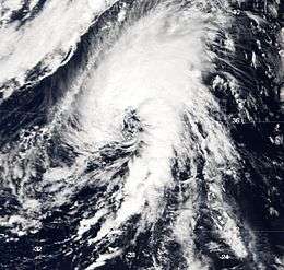 View of the storm from Space on October 4, 2005. Though located over the open Atlantic Ocean, the Azores are visible on the northern side of the image.