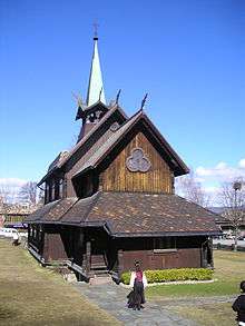Wooden church in the style of a Norwegian stave church