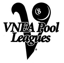 A large letter 'V' with an 8-ball integrated into its right-hand riser, all overlaid with the phrase 'VNEA Pool Leagues'