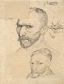 Several drawn finished and unfinished sketchy portraits of Vincent van Gogh on a single sheet of paper.