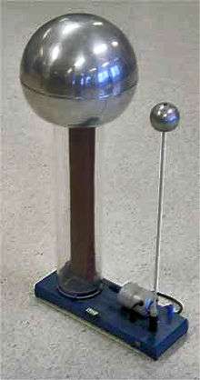  Large metal sphere supported on a clear plastic column, inside of which a rubber belt can be seen.  A smaller sphere is supported on a metal rod. Both are mounted to a baseplate, on which there is a small driving electric motor.