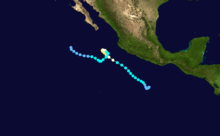 Storm path of Hurricane Vance; it starts south of Mexico and generally moves northwestward, before commencing on an erratic path just offshore. Finally, it resumes it northwest course before dissipating southeast of Baja California