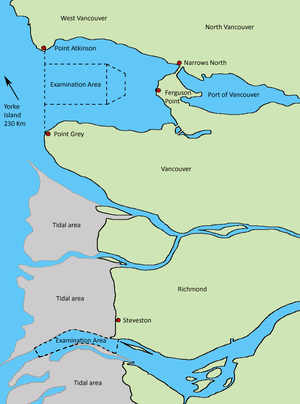Map of the coast of Vancouver British Columbia showing the locations of World War II coastal defence forts
