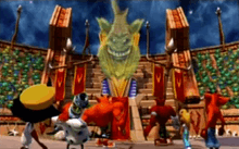 The holographic head of the villain Emperor Velo talks down to the playable characters of the game.