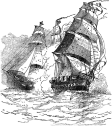 In black and white two sailing frigates duel on the high seas with one sailing slightly in front of the other.