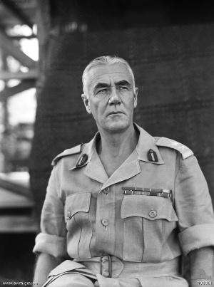Grey-haired man in Army shirt with sleeves rolled up. He is wearing rank badges and ribbons but no tie or hat.