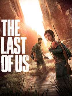 Artwork of a teenage girl, with brown hair. She has a backpack, with a sniper rifle strapped to her side, and is standing behind a man in his 40's, who has brown hair and beard, and a revolver in his left hand. They are standing in a flooded grassy environment, turning to face the camera. The text "THE LAST OF US" is positioned to the left.