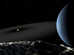 At left is a luminous point encircled by a nebulous gray belt. To the right is a crescent-shaped blue planet. Along the bottom is the rugged terrain of a moon surface.