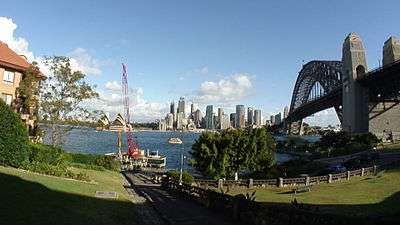 Picture of Sydney Harbour taken from Jeffrey Street showing the harbour, city and Sydney Harbour Bridge