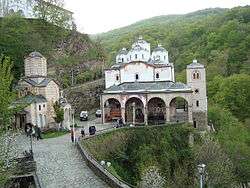 Osogovo Monastery with the Church of St. Joachim of Osogovo to the right and the Church of the Holy Mother of God to the left