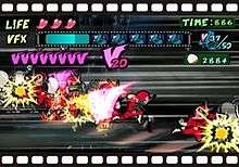 Several copies of a character in a red superhero uniform attack grey-colored enemies onscreen. Three hearts are displayed at the top of the screen next to the word "Life". Below that is a blue bar fixated between the word "VFX" and a few film canister symbols. A larger version of the symbol is displayed at the right along with a time and four-digit score. The letter V is repeated across the left of the screen.