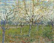 A painting of a blossoming orchard of trees under a bright blue sky.