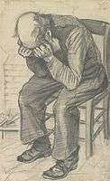 A drawing of an old man who sits on a chair with his head in his hands