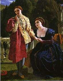 Painting of a Renaissance-era woman dressed as a man, standing and looking away, as a woman dressed as a woman holds the other's hand to her breast, looking imploringly at the other, set against a bucolic backdrop