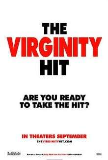 A white background and a text only poster. Over three lines the title: The, Virginity, Hit, with the word Virginity in red text, the other two words in black. Below in smaller black text the tagline: Are you ready to take the hit.