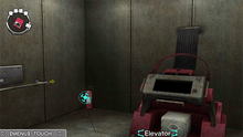 A screenshot of an Escape section room. The room contains a metal contraption with a safe, while the game cursor hovers over a fire extinguisher.