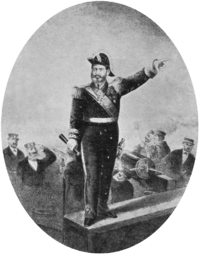 Engraving depicting a man in an admiral's uniform, spyglass in hand and left hand pointing forward, standing on a plaform aboard a ship while sailors fire cannons in the background
