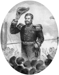 Drawing showing a man with dark hair and graying sideburns, dressed in an elaborately embroidered naval uniform having a double-breasted tunic adorned with epaulettes and medals, and who is raising his bicorn hat in acknowledgement of the waves of a cheering crowd standing below him