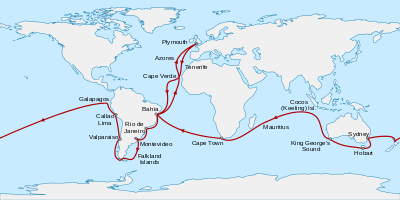 Route from Plymouth, England, south to Cape Verde then southwest across the Atlantic to Bahia, Brazil, south to Rio de Janeiro, Montevideo, the Falkland Islands, round the tip of South America then north to Valparaiso and Callao. North west to the Galapagos Islands before sailing west across the Pacific to New Zealand, Sydney, Hobart in Tasmania, and King George's Sound in Western Australia. Northwest to the Keeling Islands, southwest to Mauritius and Cape Town, then northwest to Bahia and northeast back to Plymouth.