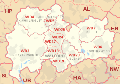 WD postcode area map, showing postcode districts, post towns and neighbouring postcode areas.