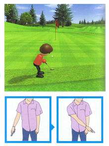 Composite of three separate images, with a larger one above two smaller ones. The larger image is a video game screenshot that is a digital representation of a golf course. A red player character stands on the green grass while holding a putter. Trees and a flagstick can be seen in the distance. The first smaller image in the lower left corner depicts a person in a light-purple shirt and blue jeans pulling their right arm away from their body. A small blue arrow points to the second smaller image in the lower right corner. It depicts the same person swinging their right arm in front of their body.