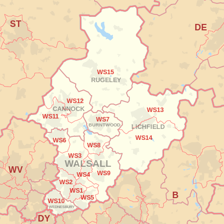 WS postcode area map, showing postcode districts, post towns and neighbouring postcode areas.