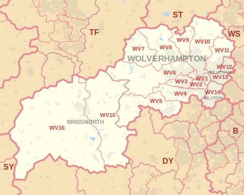 WV postcode area map, showing postcode districts, post towns and neighbouring postcode areas.