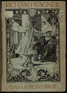 Picture of a vocal score, showing a woman in a white novice nun's outfit  pointing at a bearded aristocratic man accusingly as he sits on a throne.