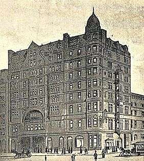 Drawing of Wallack's Theatre at 30th Street and Broadway, showing the apartments planned for over the entrance, which were not built