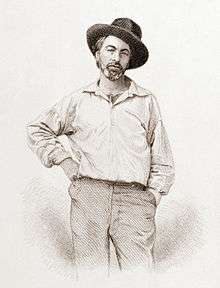 A black-on-white engraving of Whitman standing with his arm at his side