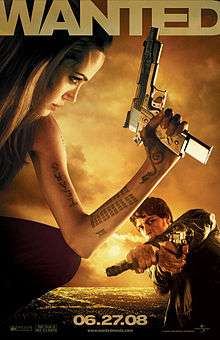 Movie poster with a woman (Angelina Jolie) on the left holding a large handgun as she faces right. Her left arm is covered in tattoos. A man (James McAvoy) on the right is facing forward and is holding two handguns, one hand held over the other. The top of the image includes the film's title, while the bottom shows an overhead view of a city's lights as well as the release date.