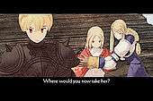 In animation, main protagonist Ramza Beoulve is depicted in the foreground, with his sister Alma and another woman in the background. A subtitle reads "Where would you now take her?"