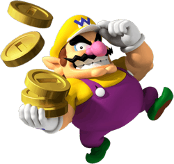 A VERY overweight character, wearing a yellow hat with a blue W, purple overalls with a yellow shirt underneath, green shoes and white gloves. He has pointy ears, a pink nose, thick eyebrows, and a wavy moustache, and has an evil grin. Three large golden coins are seen on his hand, with two others in the air above.