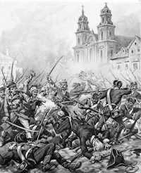 Black and white sketch showing a group of people fighting in close quarters in front of a church