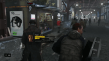 The player character walking through an urban environment, using his smartphone to scan the area for crime. The heads-up display elements are visible on-screen.