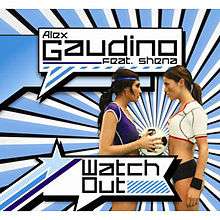 A blue and white striped background with two women in sports gear holding a soccer ball between them. The name of the artist is 'Alex Gaudino Feat. Shena' and the name of the single is 'Watch Out'