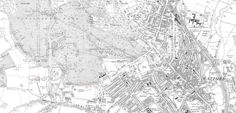1920 OS map of Watford, indicating landcsaped parkland surrounding Cassiobury House