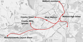 Line arcing south-west from Watford Junction to Rickmansworth, with two northbound branches to Croxley Green and Croxley Mills