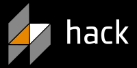 Hack logo, featuring white lowercase "hack" letters on a black background, with stylized triangular geometric shapes on the left