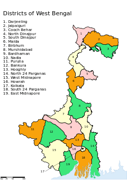 multicolor map showing Districts of West Bengal