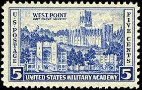 Image of a U.S. commemorative stamp featuring buildings at West Point