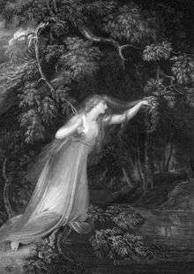 An engraving taken from a painting shows Ophelia as a woman in a long white filmy dress with long blonde hair. She is beneath a large tree and holds onto a thin branch as she reaches out precariously over a river.