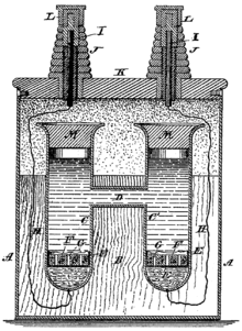 Woodcut line drawing of H-shaped cell in an enclosure with electrical terminals at the top.