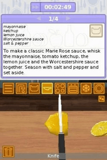 Two screens, one above the other. Above, text instructions. Below, a virtual knife is cutting a lemon.
